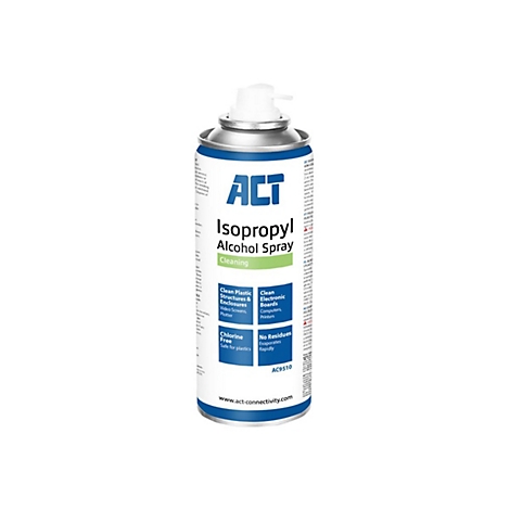 Eine Sprühdose mit ACT Isopropyl Alkohol Reinigungsspray vor weißem Hintergrund.