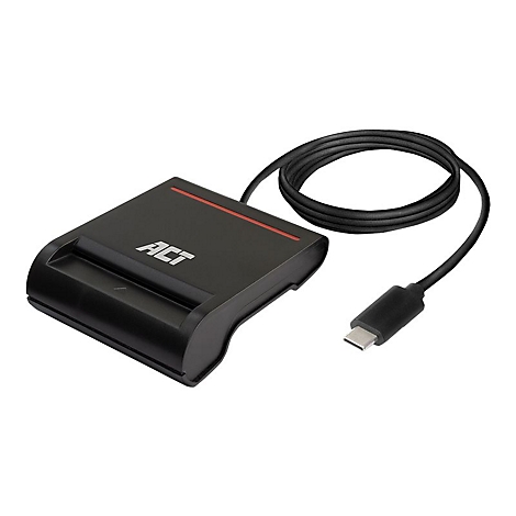 Schwarzes ACT-Smartcard-Lesegerät mit angeschlossenem USB-C-Kabel vor weißem Hintergrund.