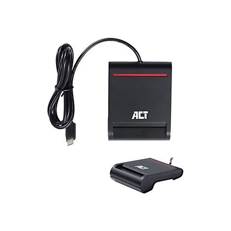 Schwarzes ACT Kartenlesegerät mit USB-C Kabel vor weißem Hintergrund.