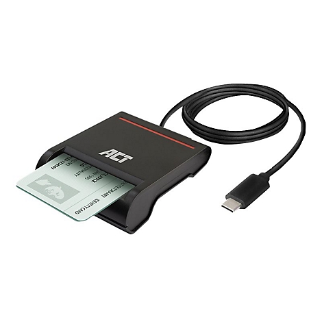 Schwarzes ACT-Smartcard-Lesegerät mit eingestecktem Personalausweis und schwarzem USB-C-Kabel auf weißem Grund.