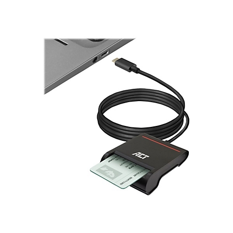 Schwarzer ACT Smartcard-Leser mit eingestecktem Ausweis, verbunden mit einem USB-C Kabel an einem Laptop.