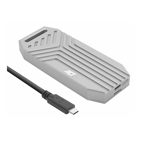 Silberne, gerippte SSD-Gehäuse-Box mit ACT-Logo und angeschlossenem schwarzem USB-C-Kabel auf weißem Hintergrund.
