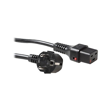Schwarzes Netzkabel mit Schuko-Stecker und einer Kaltgerätebuchse mit kleinem roten Schalter.