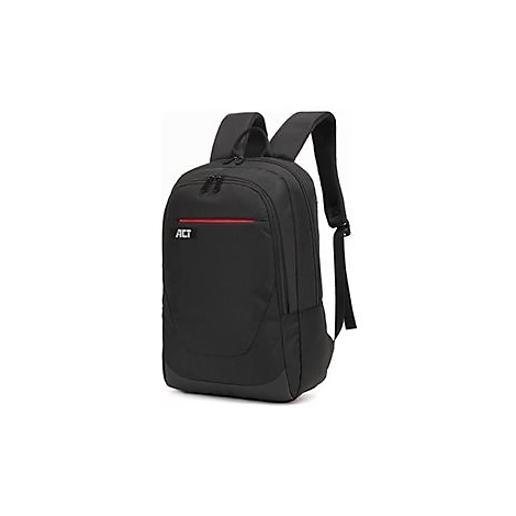 Schwarzer Laptop-Rucksack mit rotem Zierstreifen und ACT-Logo auf weißem Hintergrund.