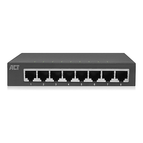Schwarzer Netzwerk-Switch von ACT mit acht nummerierten Ethernet-Ports auf der Vorderseite.