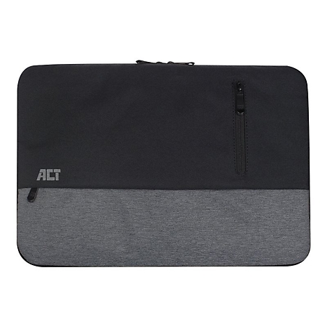 Schwarze Laptoptasche mit grauem Akzent und ACT-Logo vor weißem Hintergrund.