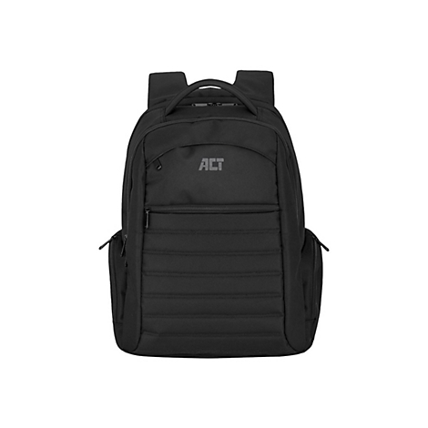 Schwarzer Rucksack mit ACT Logo, gepolsterte Fronttasche und Reißverschlüssen, vor weißem Hintergrund.