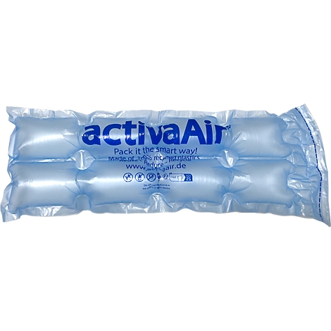 Lichtblau luchtkussenfolie met het activaAir-logo, Pack it the smart way!