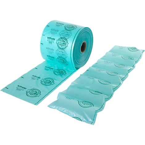 Rolle blaue Luftpolsterfolie mit grünen Aufdrucken und bereits gefüllte Luftpolster. Aufdruck: activair BIO.