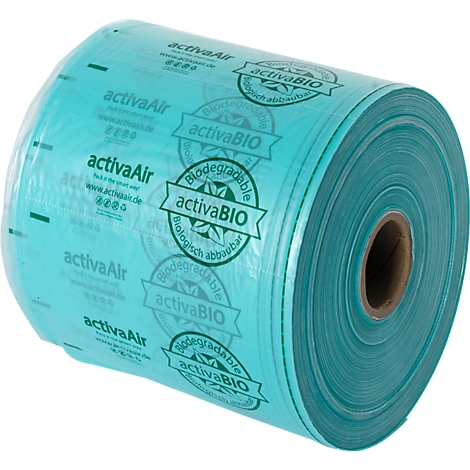 Rouleau de matériau transparent turquoise imprimé avec "activaAir" et "activaBIO".