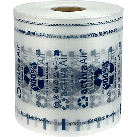 Rol transparante folie met opdrukken: "Activa Air", recyclingsymbolen, "100% Recycled Material", en websiteadres.