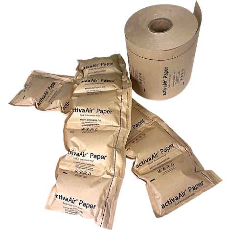 Papier bulle marron et un rouleau de papier avec l'inscription 'activaAir Paper'.