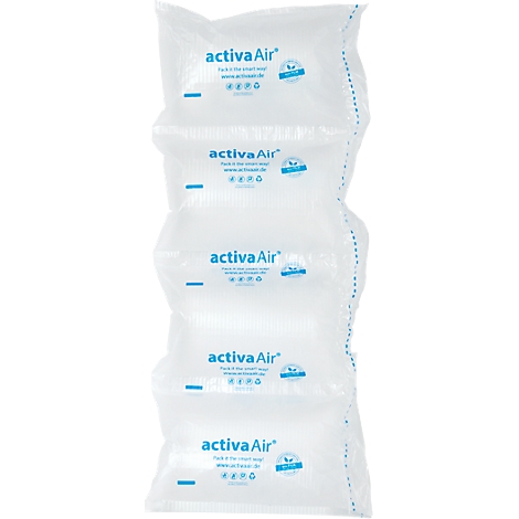 Cinq feuilles de papier bulle transparentes avec le texte bleu "activaAir".