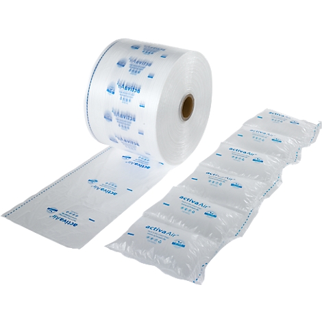 Rol bubbelfolie en losse bubbelkussens met blauwe opdruk.