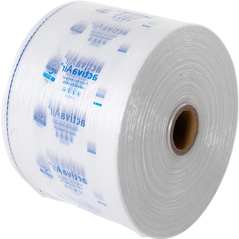 Rolle transparente Verpackungsfolie. Schriftzug ActivAir und blaue Quadrate.