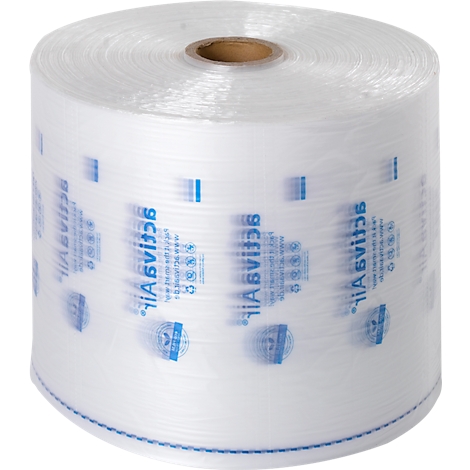 Rolle transparente Folie mit blauen Aufdrucken. Aufschrift: ABVIJ36, sowie Logo. Brauner Pappkern.