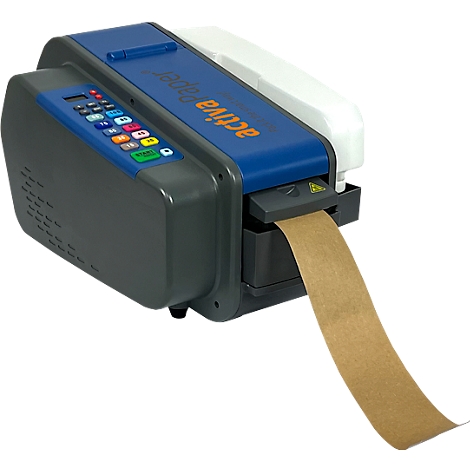 Blauer, grauer und weißer Klebebandabroller. Braunes Klebeband wird ausgegeben. Aufschrift: Activa Paper.