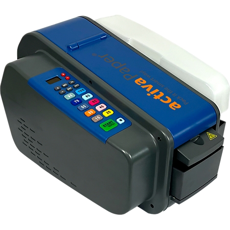 Blau-grauer Packbandabroller mit Bedienfeld und Knöpfen.