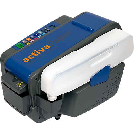 Blau-graues Verpackungsgerät mit "activa Paper"-Schriftzug. Weißes Element zur Papierausgabe, Bedienfeld mit Tasten.