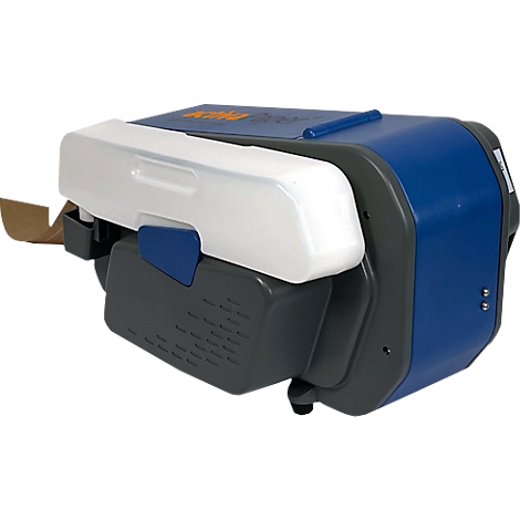 Blau-weißes Gerät mit grauen Akzenten; rechteckig mit abgerundeten Ecken. Oben orange Schrift.