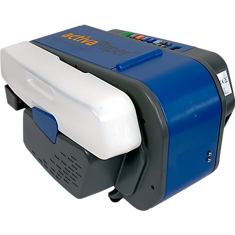 Blau-grauer Papierrollen-Automaten mit weißem Deckel. Aufschrift: activa Paper.