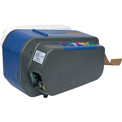 Blau-grauer Geräte-Drucker mit farbigen Tasten und Papierspender.