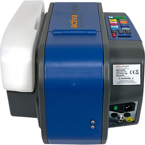 Blau-grauer Aktiva Paper Karton, mit weißen und farbigen Knöpfen, CE-Kennzeichnung.