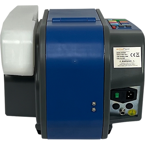 Blau-grauer Kartonkleber von Activa Paper, mit Klebebandrolle links.