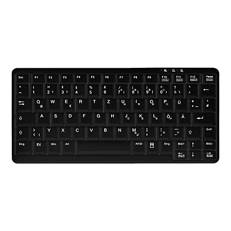 Schwarze, kompakte Tastatur mit weißen Buchstaben und Symbolen. Buchstabenblock, Funktionstasten, und Sonderzeichen.