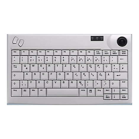 Helle Tastatur mit schwarzen Tastenbeschriftungen und integrierter Kamera.