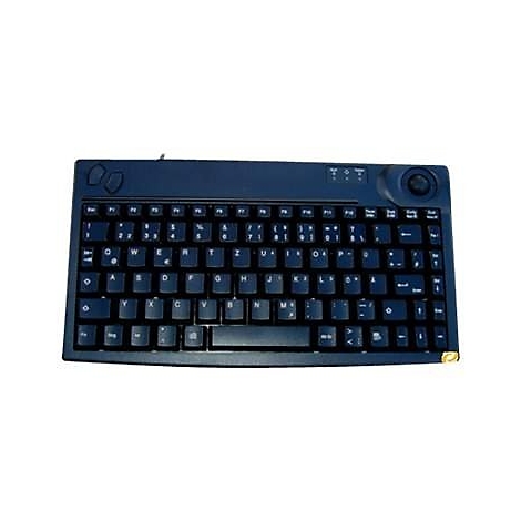 Schwarze Kompakt-Tastatur mit integriertem Trackball und zwei Tasten oben links vor weißem Hintergrund.