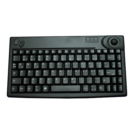 Schwarze, kompakte Tastatur mit deutschem QWERTZ-Layout und integriertem Trackball oben rechts.
