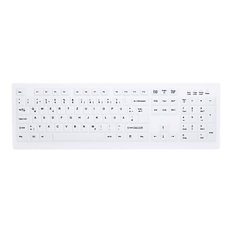 Weiße, flache Silikon-Tastatur mit deutschem QWERTZ-Layout und Clean-on/off-Taste.
