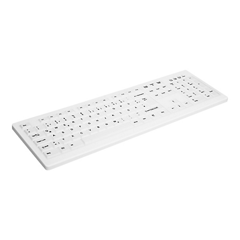 Weiße Computertastatur mit deutschem Layout vor neutralem, weißem Hintergrund.