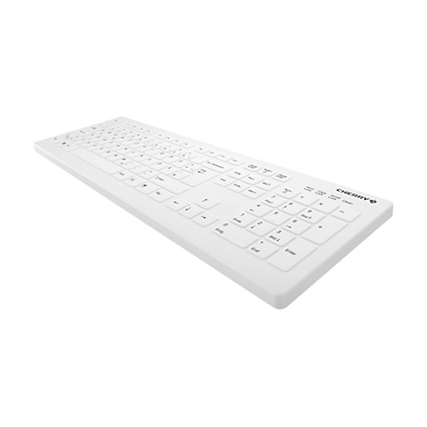 Ein weißes, flaches Keyboard von Cherry, leicht von oben fotografiert. Die Tastatur hat einen Nummernblock und viele Funktionstasten. Das Cherry Logo ist rechts oben.