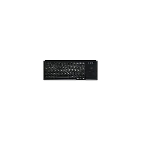 Schwarze kabellose Tastatur mit integriertem Touchpad auf der rechten Seite vor weißem Hintergrund.