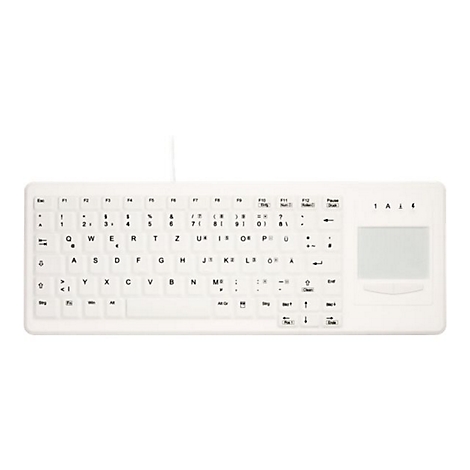 Weiße, abwaschbare Silikontastatur mit integriertem Touchpad vor weißem Hintergrund.