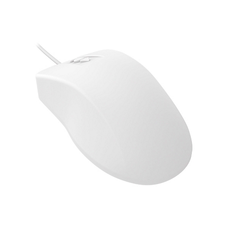 Eine schlichte, weiße Computermaus mit Kabel vor weißem Hintergrund.