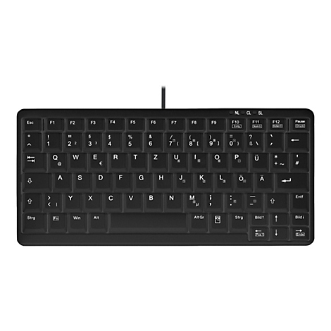Schwarze, kabelgebundene Kompakt-Tastatur mit deutschem QWERTZ-Layout vor weißem Hintergrund.