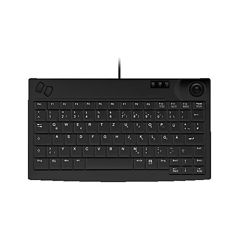 Schwarze, kompakte Tastatur mit deutschem QWERTZ-Layout, integriertem Trackball und Maustasten.