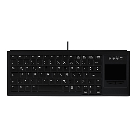 Schwarze kabelgebundene Tastatur mit deutschem QWERTZ-Layout und integriertem Touchpad auf der rechten Seite.