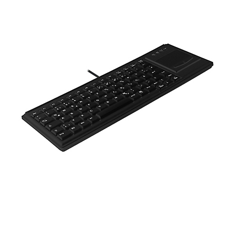 Schwarze kabelgebundene Tastatur mit integriertem Touchpad auf weißem Hintergrund.