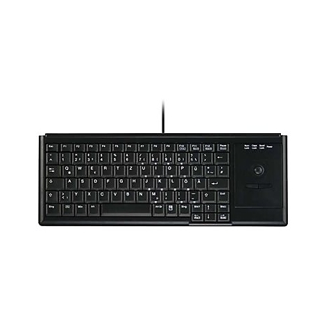 Schwarze, kabelgebundene Kompakt-Tastatur mit integriertem Trackball auf der rechten Seite vor weißem Hintergrund.