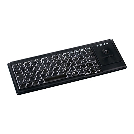 Schwarze kompakte Tastatur mit deutschem Layout und integriertem Touchpad rechts vor weißem Hintergrund.
