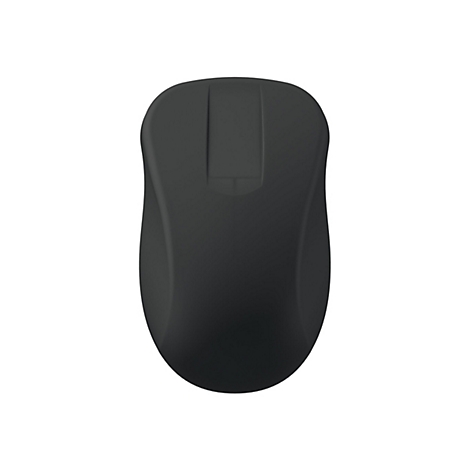 Eine minimalistische, mattschwarze Computermaus von oben vor weißem Hintergrund.