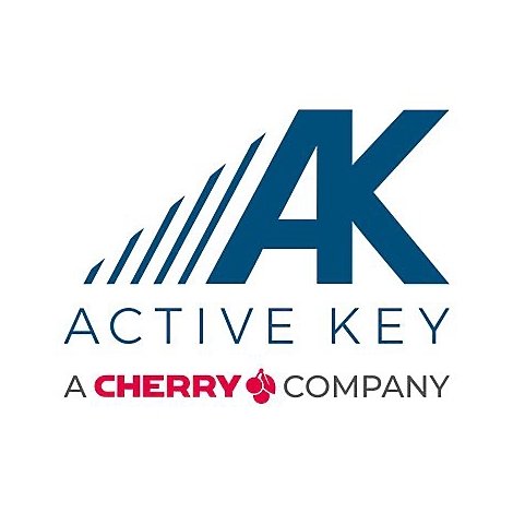 Firmenlogo von ACTIVE KEY, einer Tochtergesellschaft von CHERRY, mit blauem AK-Schriftzug und stilisierten Linien.
