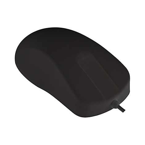 Schwarze, geschwungene Computermaus mit Kabel vor weißem Hintergrund.