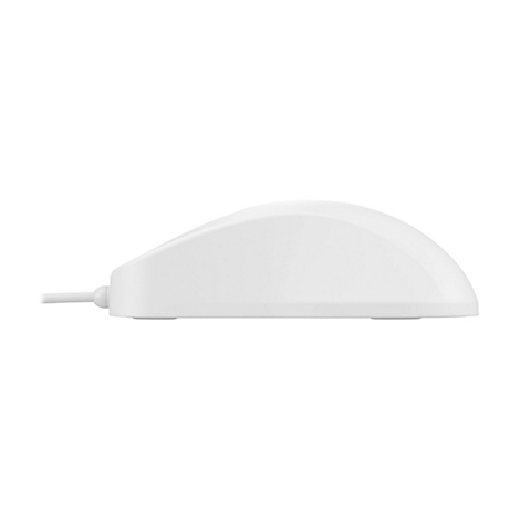 Seitenansicht einer schlichten, weißen Computermaus mit Kabel vor weißem Hintergrund.