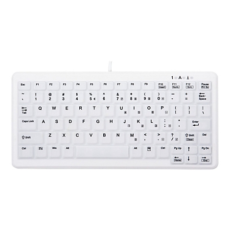 Weiße, kompakte QWERTZ-Tastatur mit abgerundeten Tasten auf weißem Hintergrund.