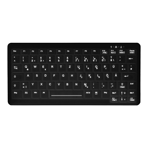 Draufsicht einer beleuchteten, schwarzen deutschen QWERTZ-Tastatur mit abgerundeten Ecken auf weißem Grund.